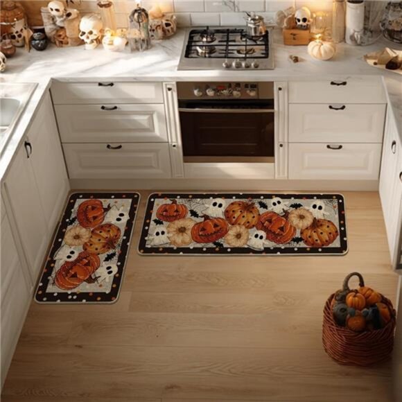 Set of 2 Spooky Ghost & Jack-O'-Lantern Kitchen Mats for Halloween Home Decor - Picture 2 of 7